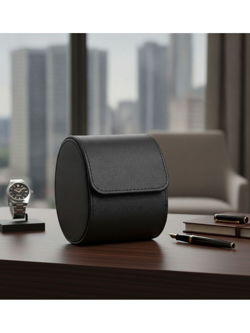 Single Slot Watch Roll Case Black PU Leather Travel Storage Snap Closure NEW